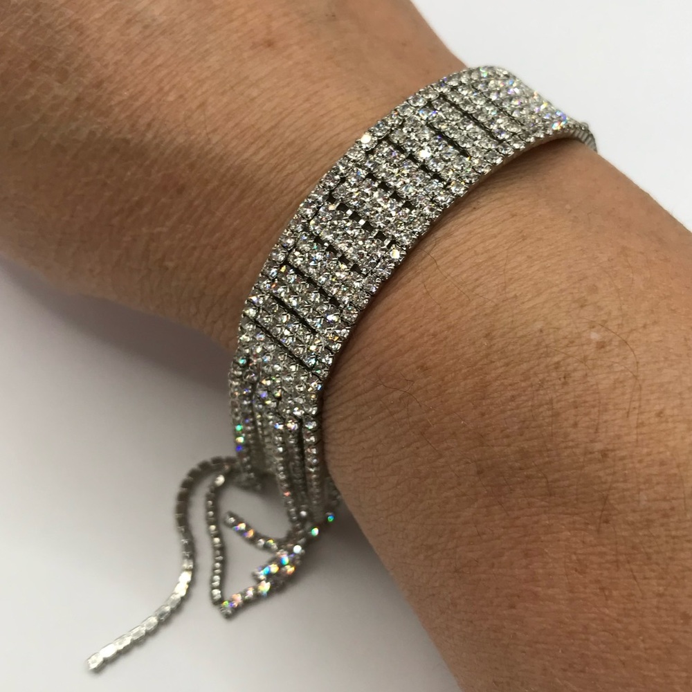 Silver-Tone & Pave Rhinestone Memory Wire Bracelet with Tassel - Picture 6 of 9